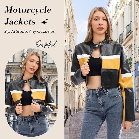 Women Cropped Faux Leather Jacket Moto Biker Bomber Jackets Zip Up Black Yellow - Picture 7 of 7